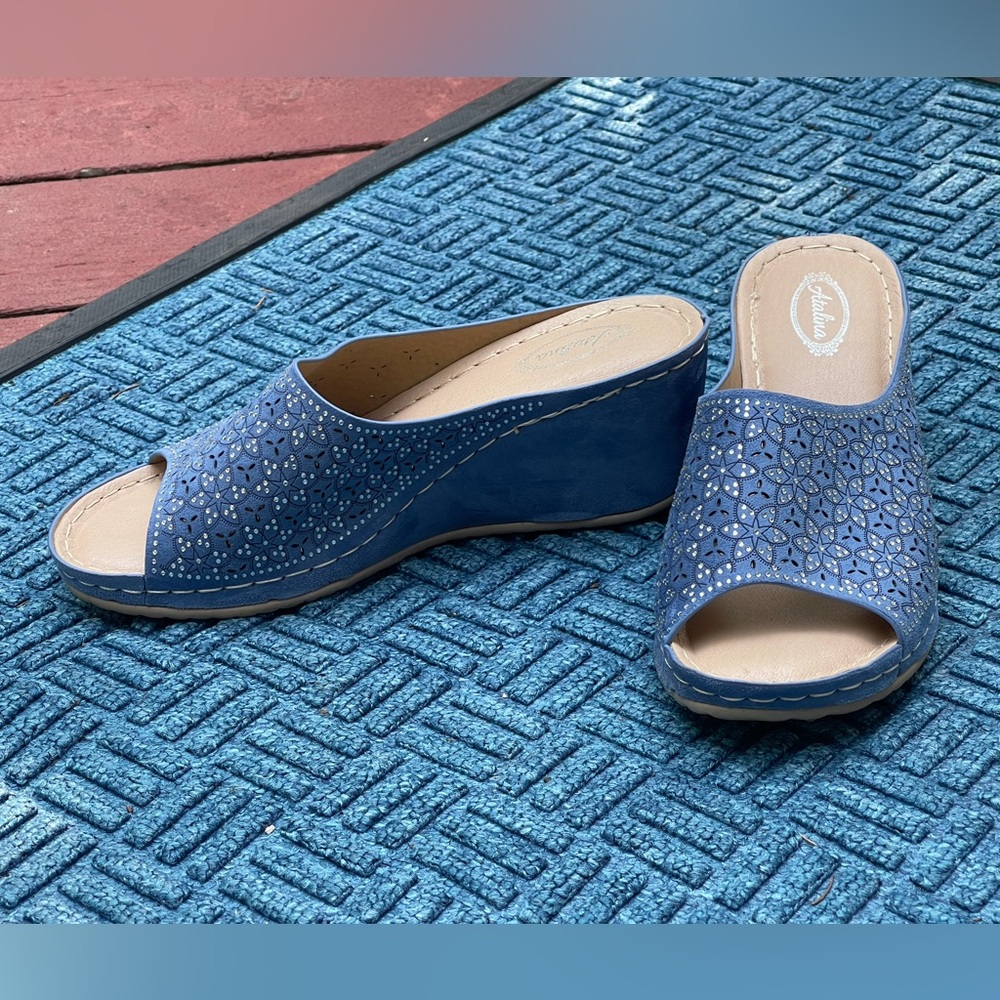 COPY - Rhinestone embellished light blue suede open toe wedge size EU 40 US 9